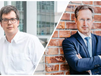 Der Generalsekretär der FDP Bayern und stellvertretende Vorsitzende der FDP-Bundestagsfraktion Lukas Köhler (l.) und Bayerns FDP-Präsidiumsbeisitzer sowie Parlamentarischer Geschäftsführer der FDP im Bundestag Stephan Thomae.